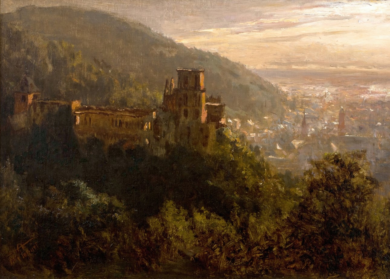 Blick auf Heidelberg mit dem Schloss im Abendlicht (View of Heidelberg with the Castle in the Evening Light)