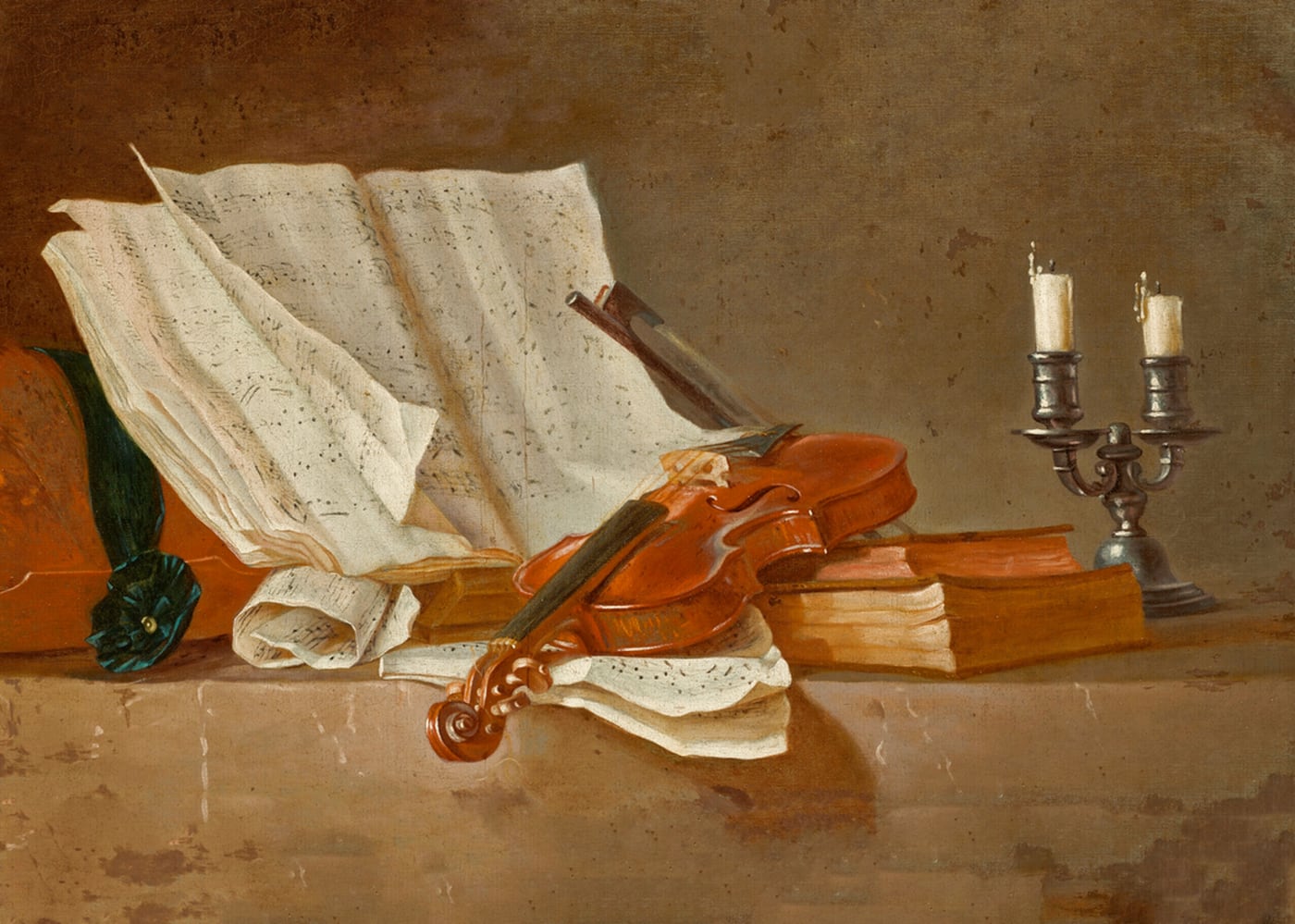 A Musical Score on a Reading Stand, a Violin and a Bow, a Lute, a Candlestick and Books on a Ledge