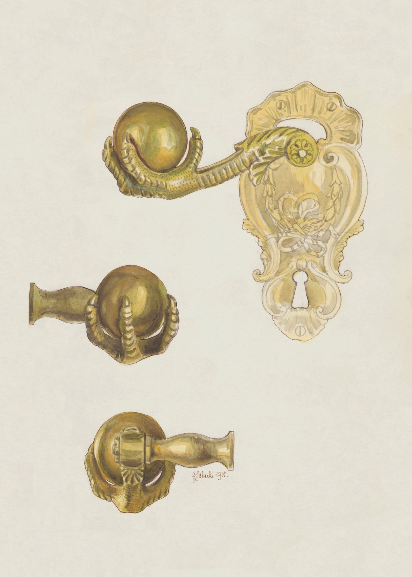 Warsaw. Bronze Door Knob in the Knights' Room of the Royal Castle - Front and Side View in the Scale of 1:1