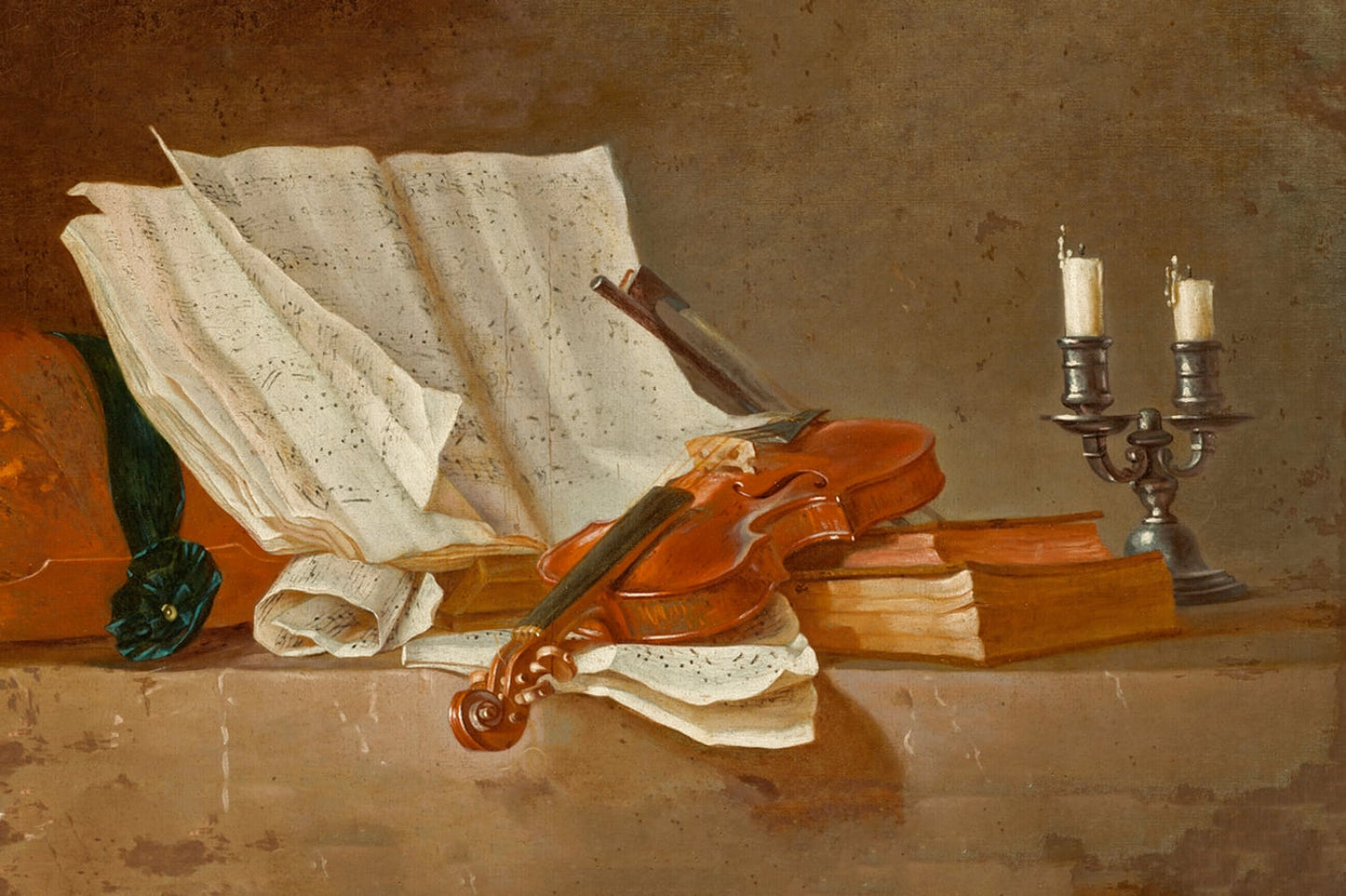 A Musical Score on a Reading Stand, a Violin and a Bow, a Lute, a Candlestick and Books on a Ledge