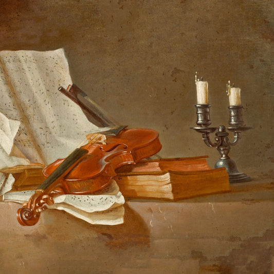 A Musical Score on a Reading Stand, a Violin and a Bow, a Lute, a Candlestick and Books on a Ledge