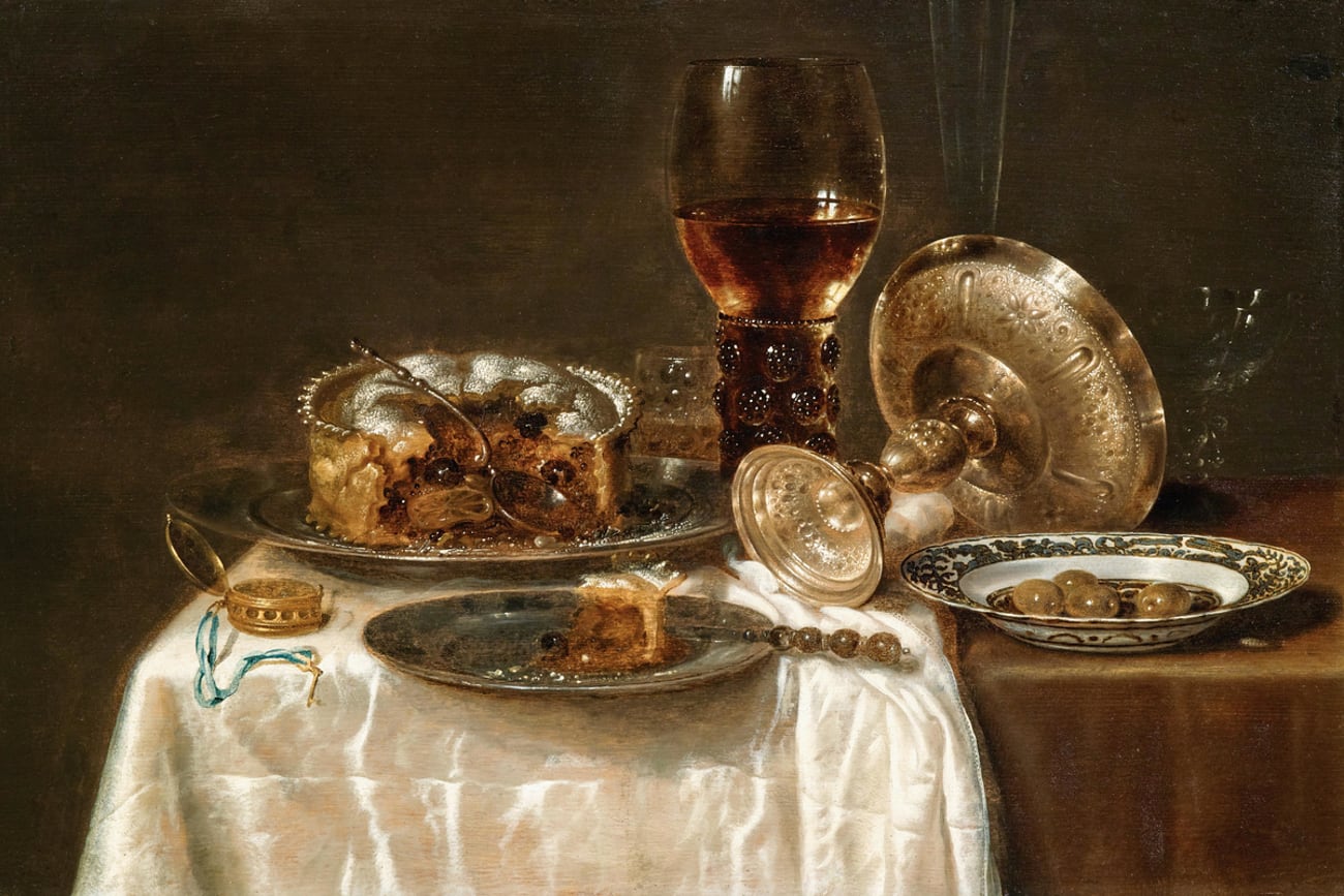 Olives in a Blue and White Porcelain Bowl, a Roemer, Wine Glasses, an Overturned Silver Tazza and a Meat-Pie