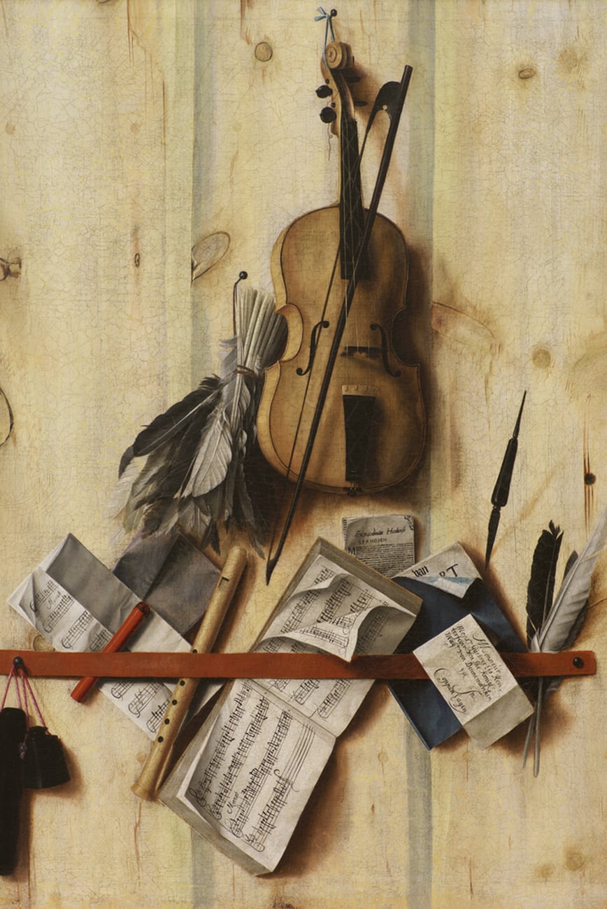 Trompe L’oeil With Violin, Music Book And Recorder