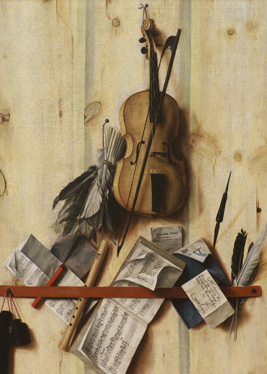 Trompe L’oeil With Violin, Music Book And Recorder