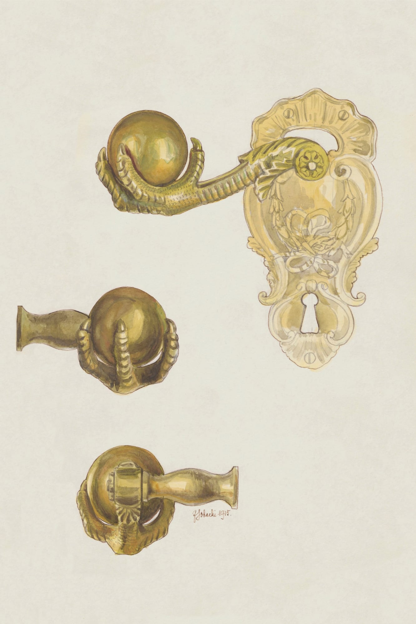 Warsaw. Bronze Door Knob in the Knights' Room of the Royal Castle - Front and Side View in the Scale of 1:1