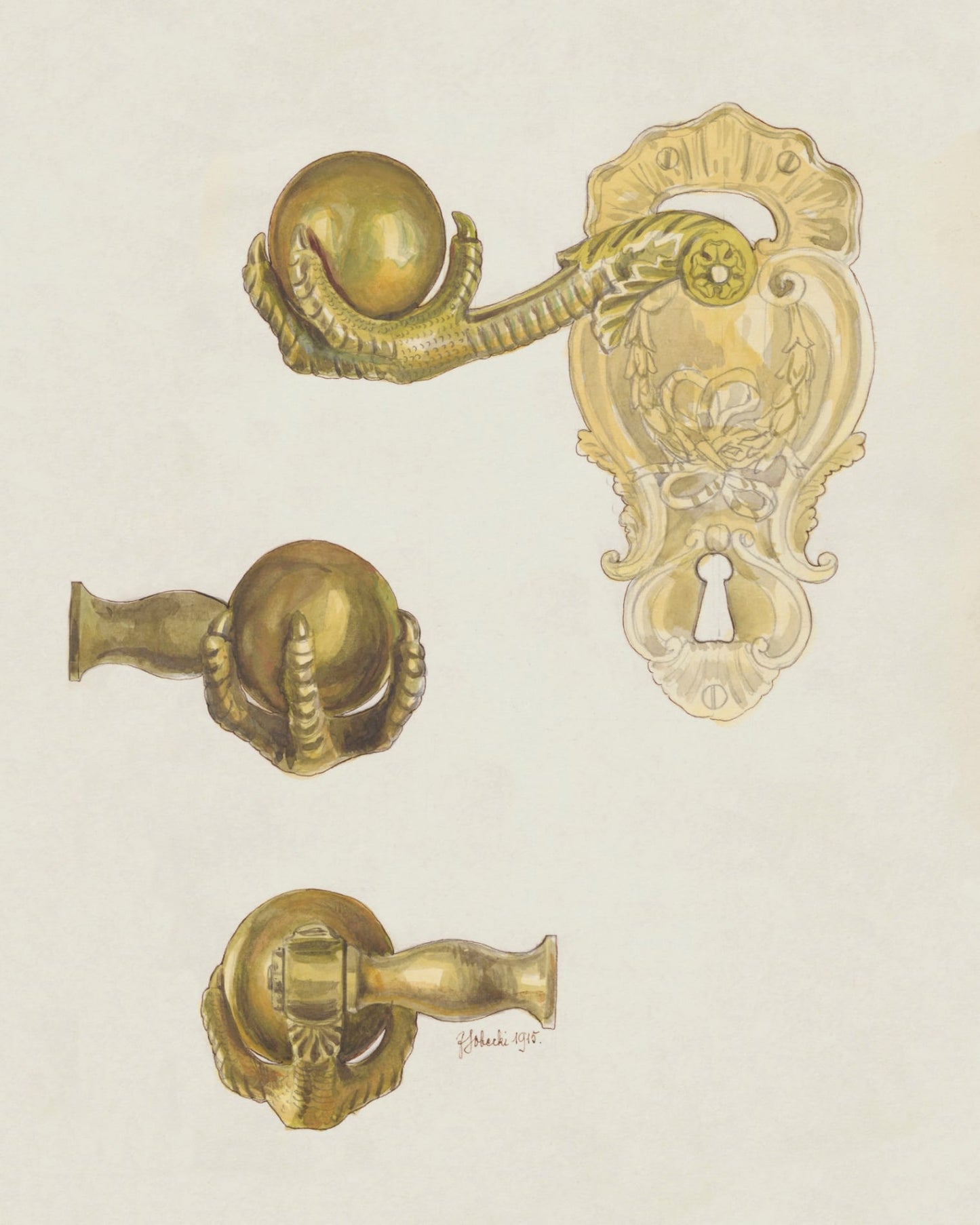 Warsaw. Bronze Door Knob in the Knights' Room of the Royal Castle - Front and Side View in the Scale of 1:1