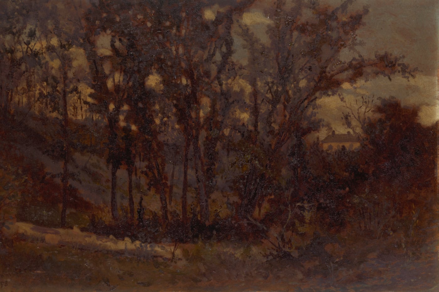 Untitled (forest scene, fallen tree in foreground and house in background)